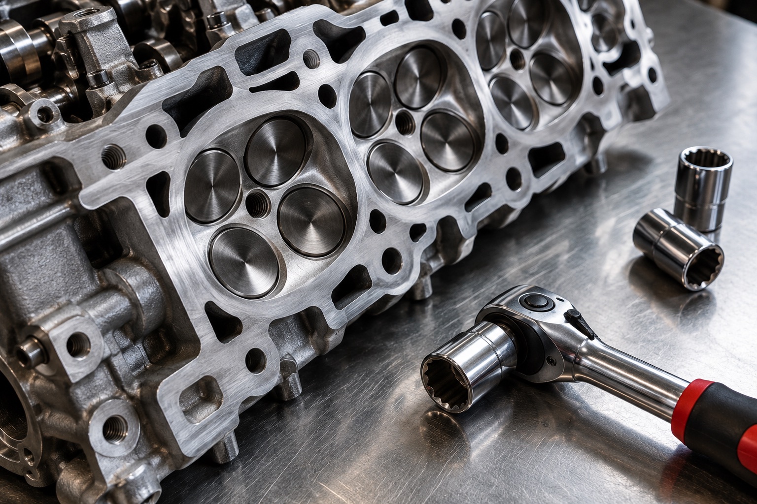 Illustrative AI study of a machined engine cylinder head and socket wrench; not client equipment